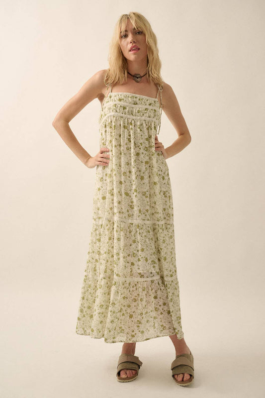 Floral Straight-Neck Gathered-Bodice Maxi Dress