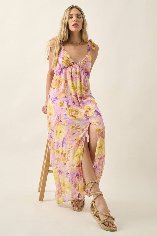 Floral Chiffon V Neck Button Front Maxi Dress