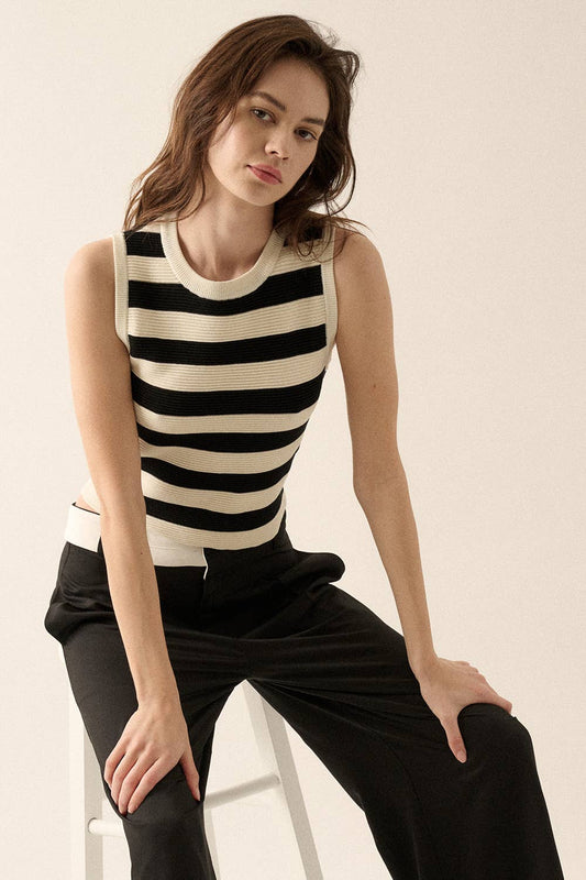 Shaper Fit Striped Crew Neck Rib-Knit Tank Top