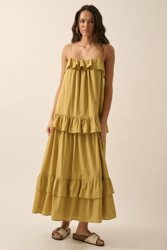 Solid Tiered-Ruffle-Skirt Open-Back Maxi Dress