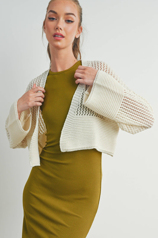 Wide Sleeve Textured Crop Cardigan Sweater