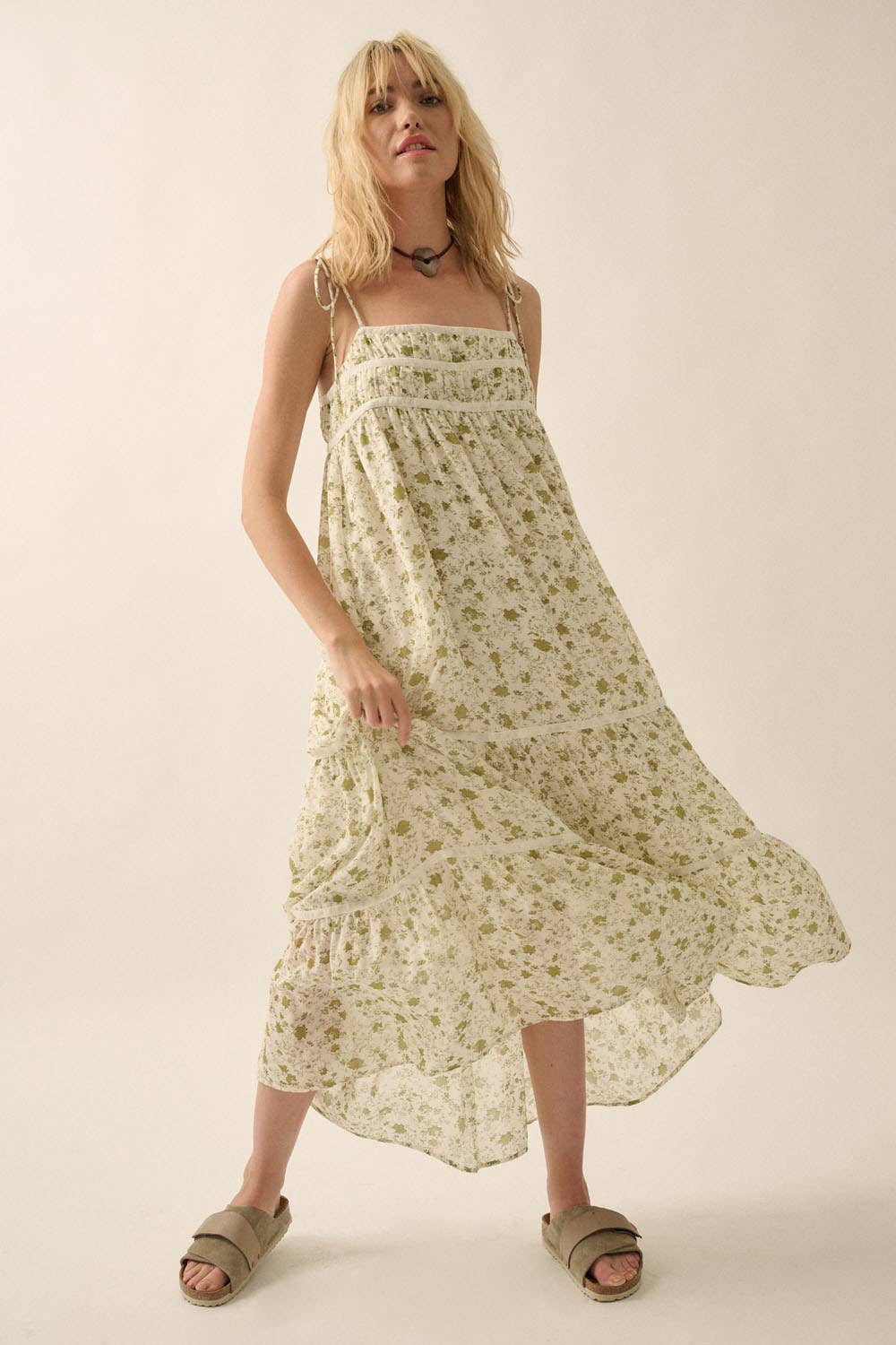 Floral Straight-Neck Gathered-Bodice Maxi Dress
